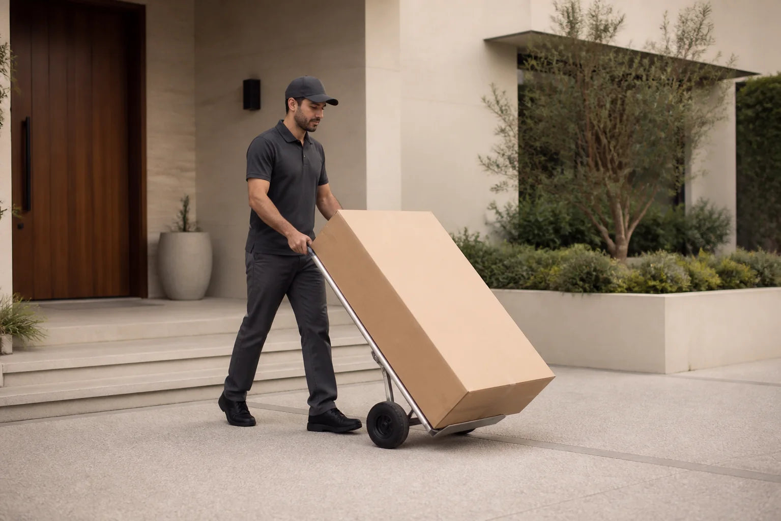 A delivery specialist bringing a chair package to a home