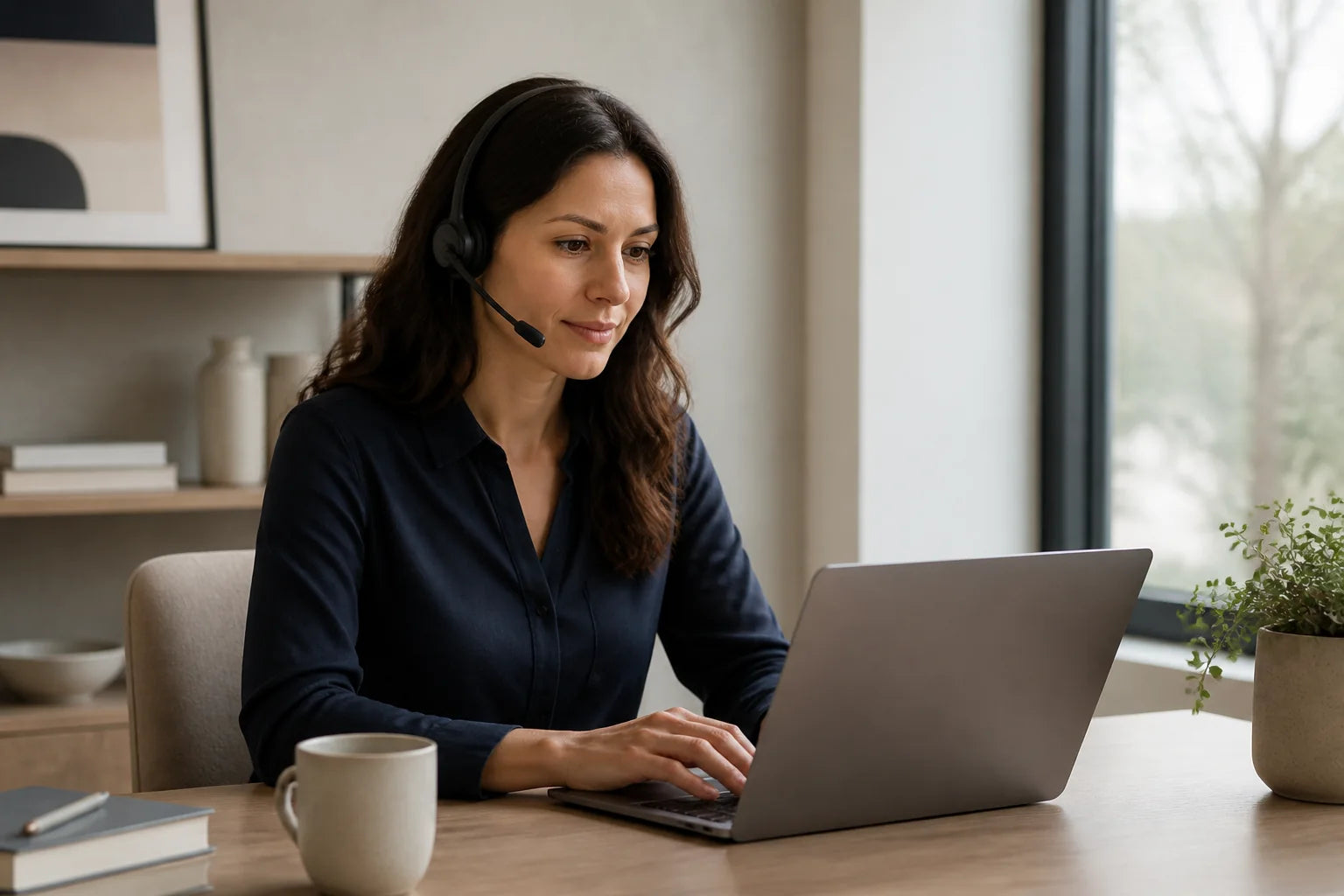 A customer support specialist helping from a calm workspace
